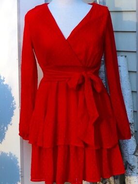 Japna Anthropologie Swiss Dot Red Wrap-Tie tiered ruffled medium